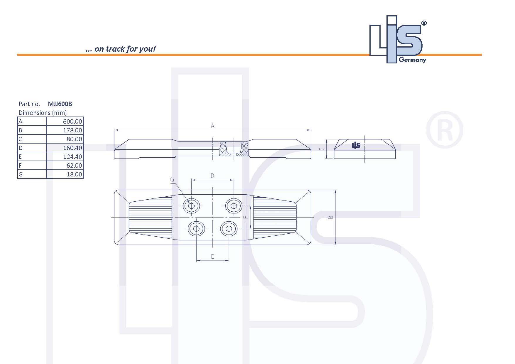Technische Zeichnung LIS® Gummipad MJJ600B: Breite 600mm, Pad-Tiefe 178mm, Höhe 72mm, Kettenteilung 190mm.