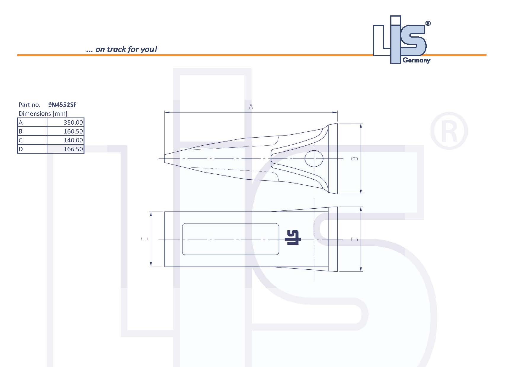 Technische Zeichnung Baggerzahn HD 9N4552SF cat J550 von LIS Germany