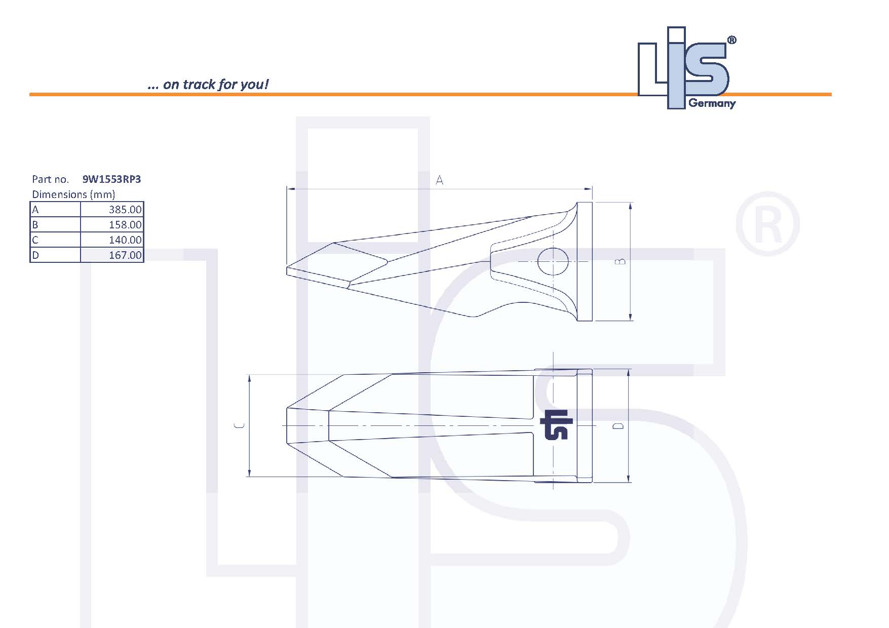 Technische Zeichnung felslader 9W1553RP3 für cat J550 von LIS Germany