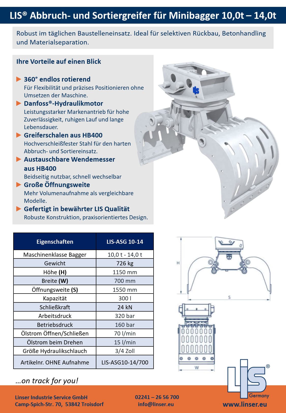 LIS® ASG700 Abbruch- und Sortiergreifer |
10,0–14,0 t Bagger