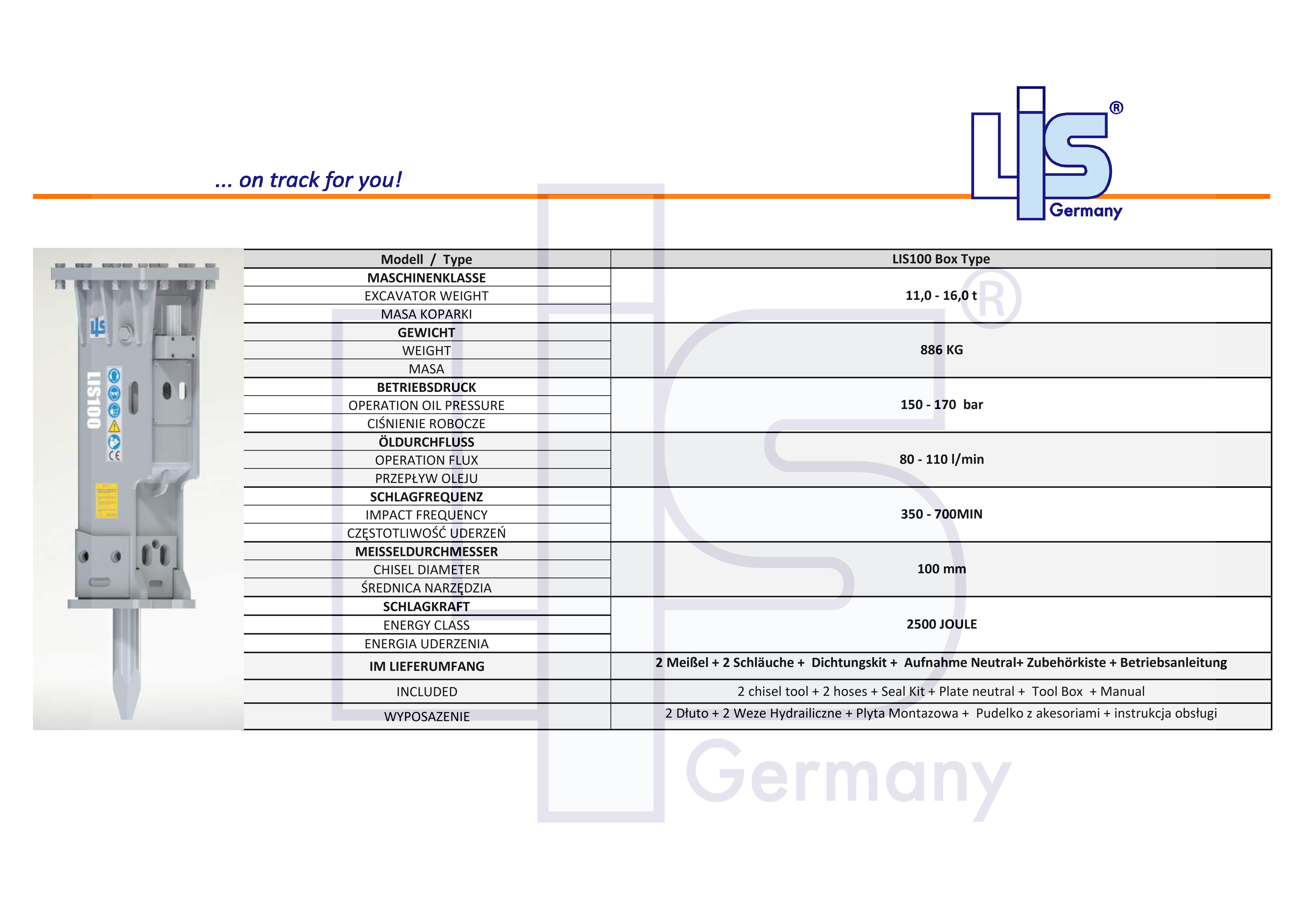 LIS® Hydraulikhammer Technische daten für 11-16t Bagger. LIS100A-BT