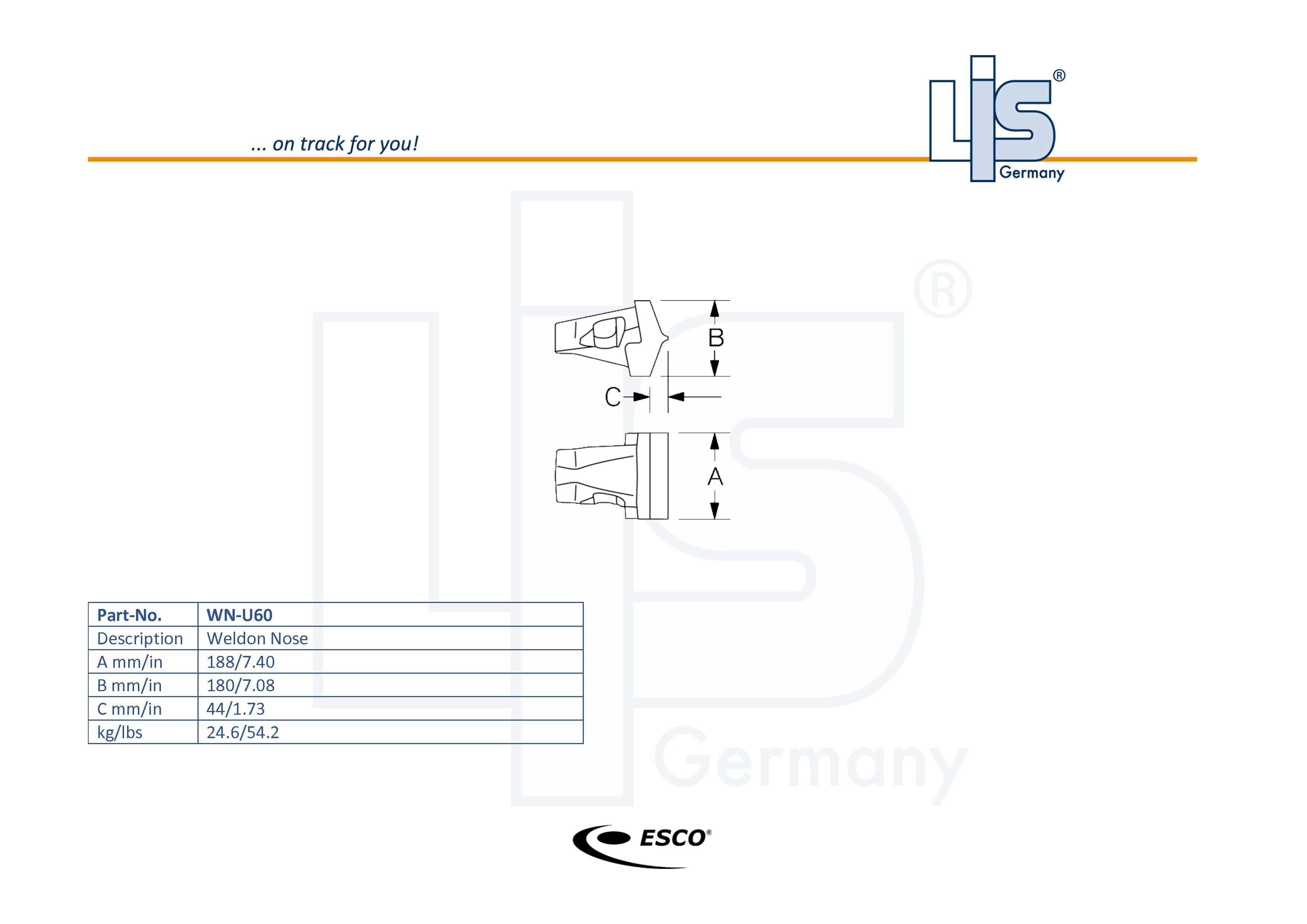 Technische Zeichnung ESCO® Ultralok® U60 Anschweißnase – WN-U60 mit Maßangaben A B C