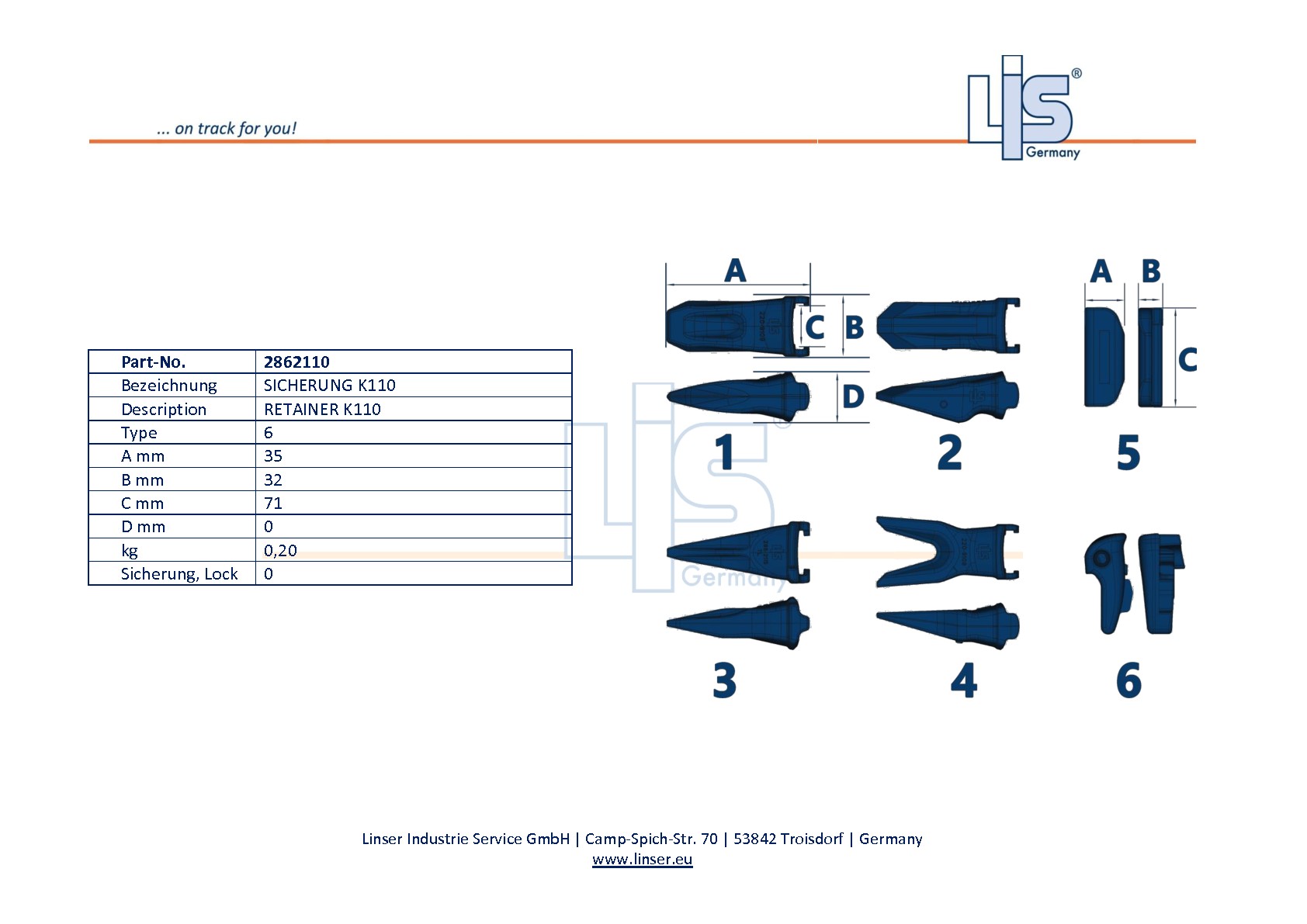 LIS® Zeichnung Sicherung 2862116 aus hochverschleißfestem Stahlguss für CAT K-System K110.