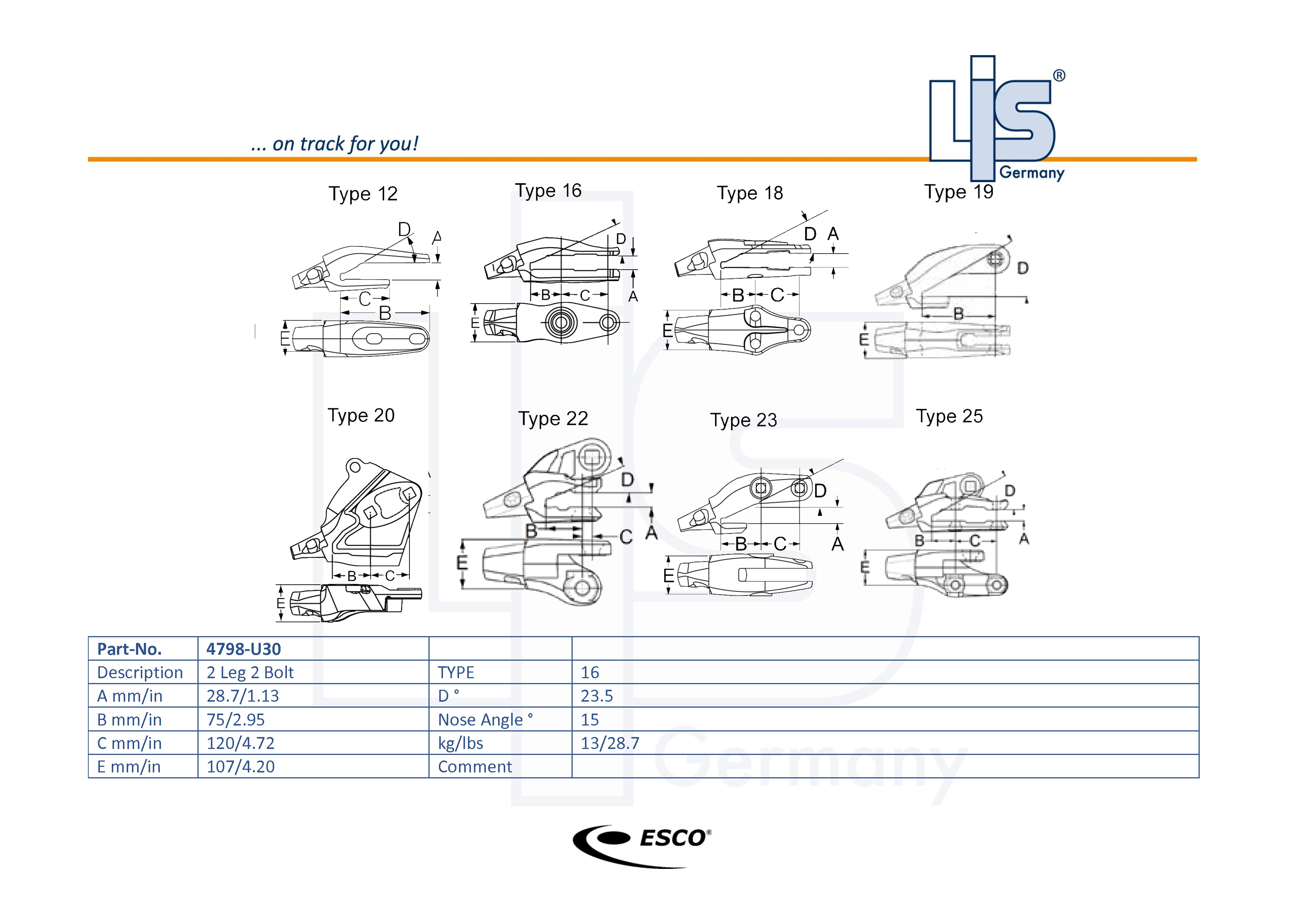 Technische Zeichnung ESCO® Ultralok® U30 Anschraub-Adapter – 4798-U30 mit Maßangaben A B C D