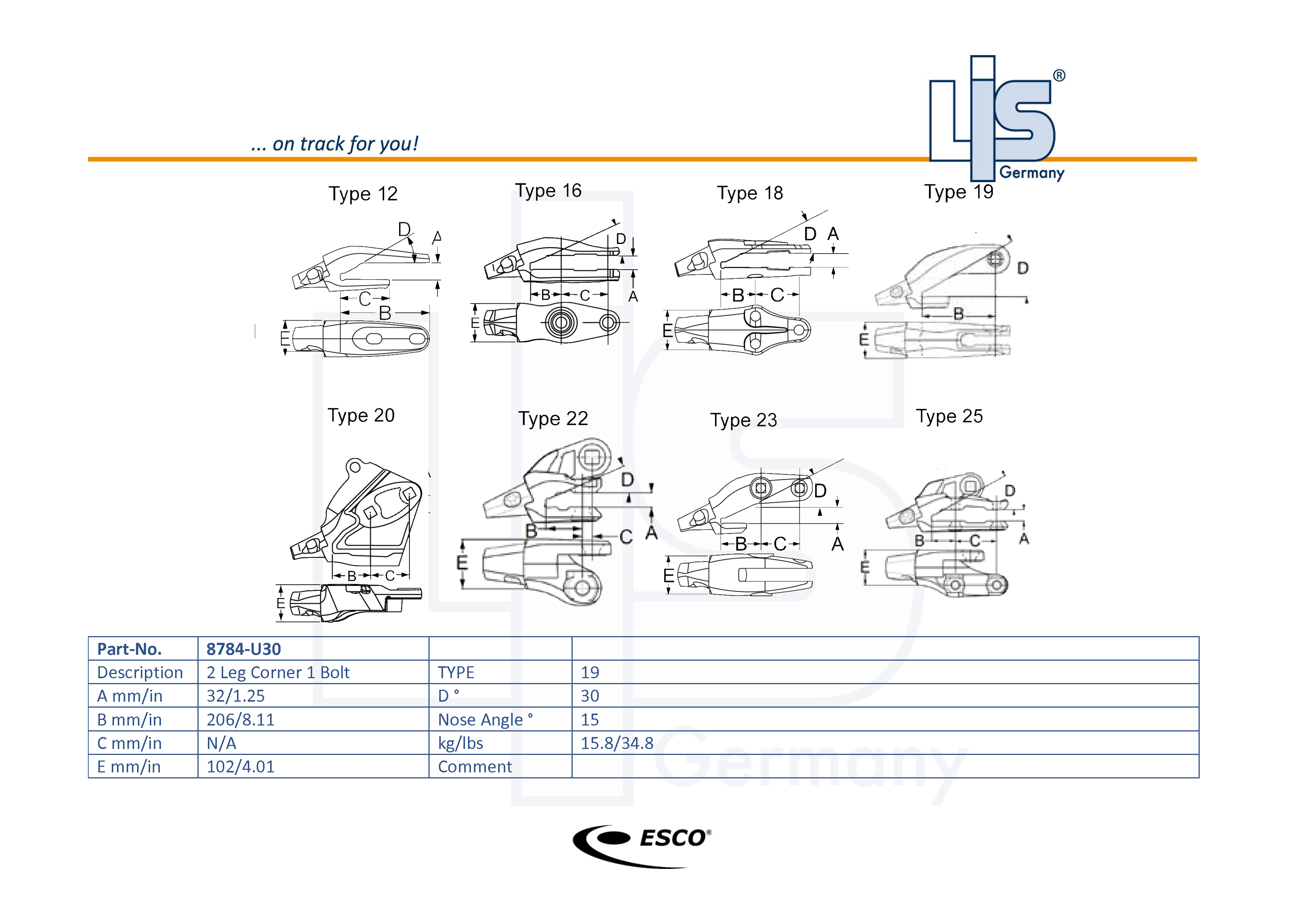 Technische Zeichnung ESCO® Ultralok® U30 Anschraub-Adapter außen – 8784-U30 mit Maßangaben A B C D