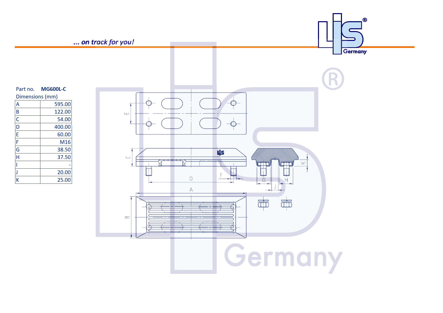 Technische Zeichnung LIS® Gummipad MG600L (Bolt-on): Breite 600mm, Pad-Tiefe 126mm, Höhe 58mm, Kettenteilung 171mm, 4 Stehbol