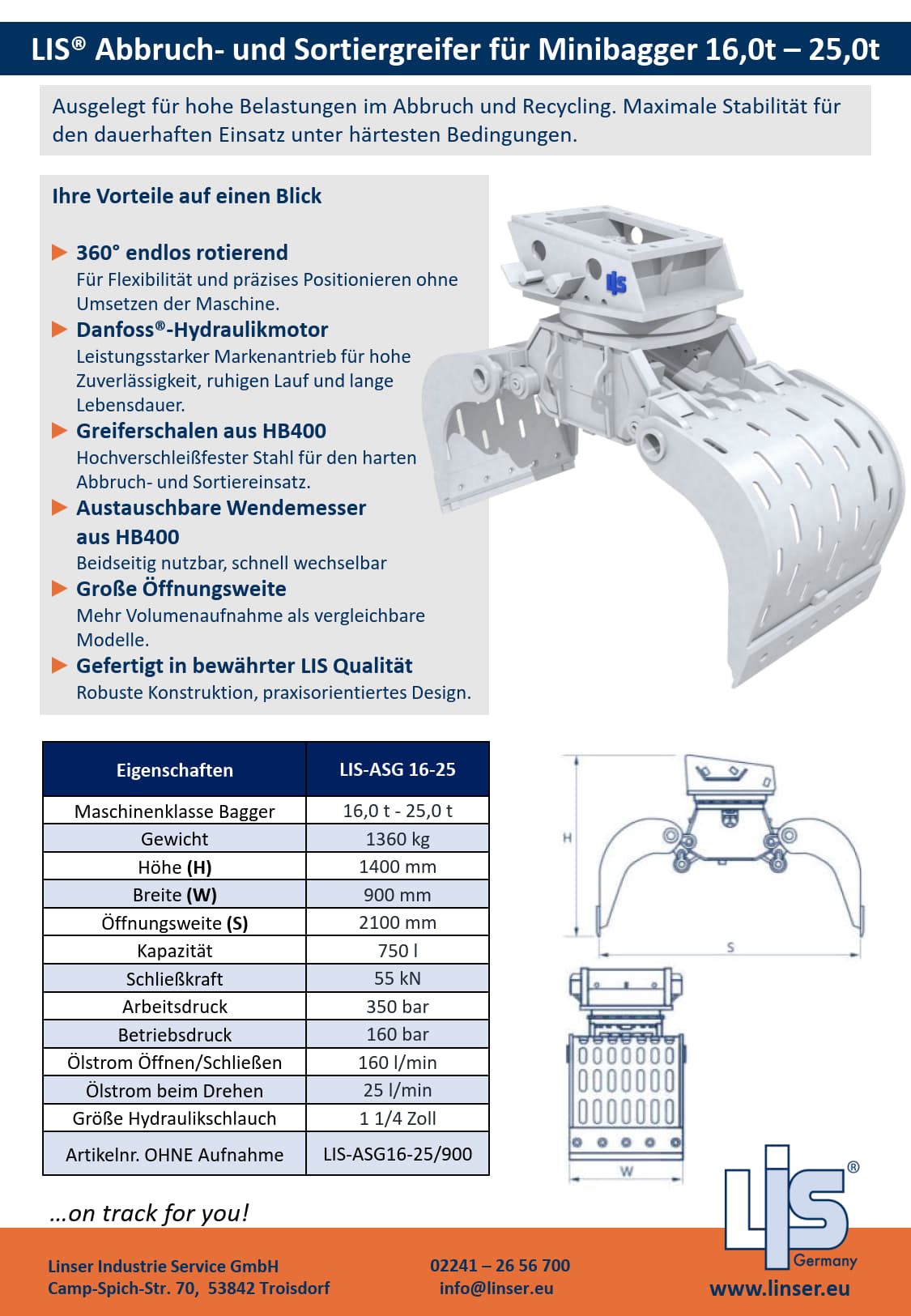LIS® ASG900 Abbruch- und Sortiergreifer |
16,0–25,0 t Bagger