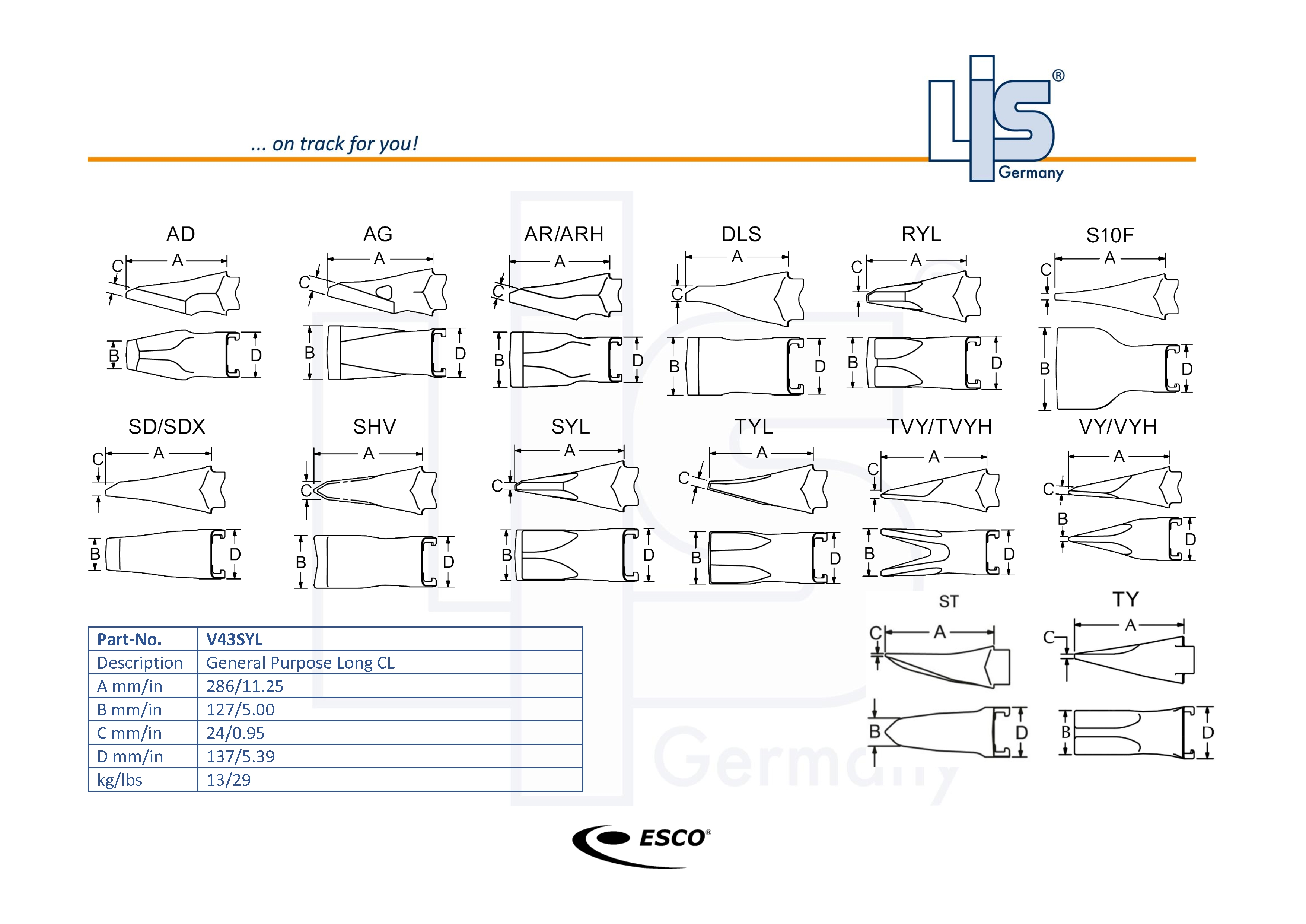 Esco orig. Super V Excavator Points standard long CL V43SYL