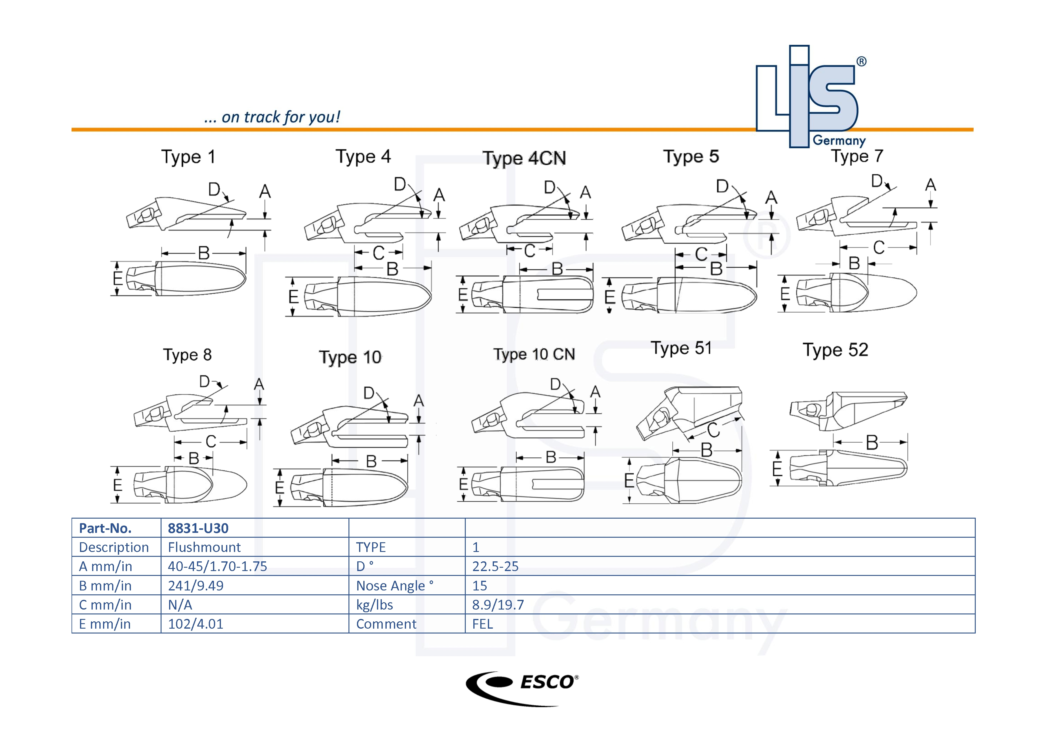 Technische Zeichnung ESCO® Ultralok® U30 Anschweißadapter – 8831-U30 mit Maßangaben